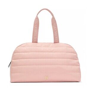 Victoria's Secret Quilted Duffle Bag Tote Pink Weekender Gold Logo Zipper NEW